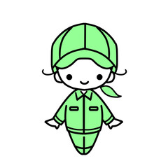  微笑む作業員　女性　緑色の作業服
