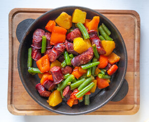 English breakfast fried and served in a pan. Top View
