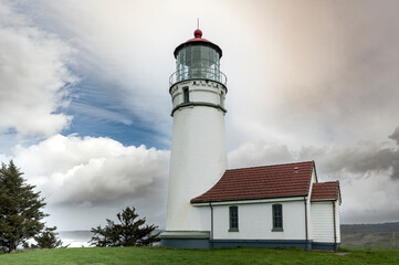 Cape Blanco lighthouse on a cloudy afternoon on the Southern Oregon coast