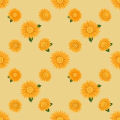 Illustration seamless patterns drawing of yellow petal sunflower blooming, diagonal plaid repeat pattern arranged on yellow background for fashion fabric textiles, wallpaper, paper wrapping