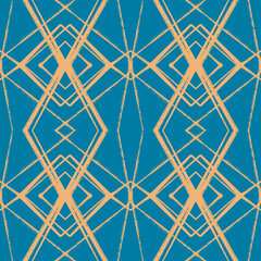 Illustration seamless patterns drawing of orang diagonal plaid repeat pattern with rough blush, on blue background for fashion fabric textiles, clothing,