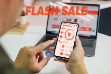 Hands holding credit card and using laptop. Online shopping, Order Online payment,Man's hands holding a credit card and using smart phone for online shopping. Promotion period