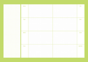 A simple, colorful style weekly planner. Note, scheduler, diary, calendar planner document template illustration.