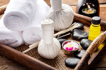 Spa massage compress balls, herbal ball. Massage and Spa Thailand concept.