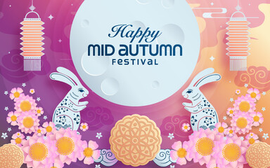 Mid autumn festival paper art style with full moon, moon cake, chinese lantern and rabbits on background
 - obrazy, fototapety, plakaty
