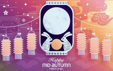 Mid autumn festival paper art style with full moon, moon cake, chinese lantern and rabbits on background
 - obrazy, fototapety, plakaty