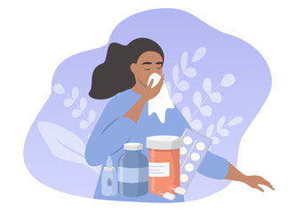 vector flat illustration on the theme of seasonal allergies, a young girl blows her nose into a paper handkerchief, next to medicines. antihistamines, allergies, runny nose.