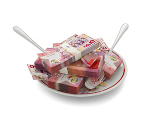 3D rendering of Ghanaian cedi notes on plate. Money spent on food concept. Food expenses, expensive meal, spending money concept. eating money, misuse of money
