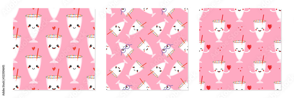 Wall mural set, collection of three vector seamless pattern backgrounds with vanilla milkshake glass characters
