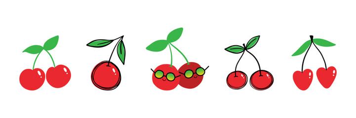 Set, collection of doodle and cartoon style cherry characters in sunglasses and cherry icons for food and nature design.
