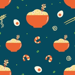 Cute cartoon style bowls of noodles, asian soup with shrimps and boiled eggs vector seamless pattern background for food design.
- 523104639