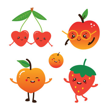 Set, collection of cute cartoon style fruits and berries. Funny and smiling apple, strawberry, cherry, orange, peach characters for food and nature design.
