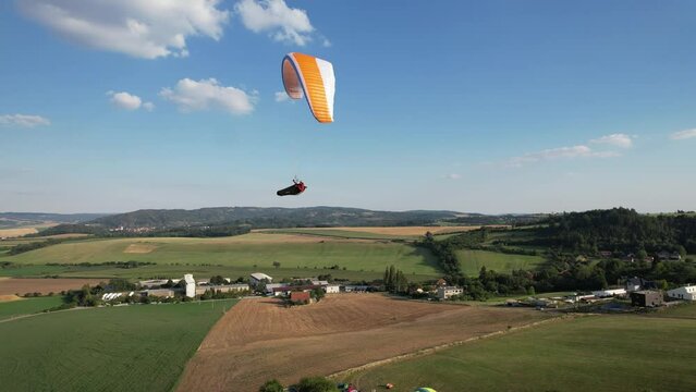 paragliding beauty of free flight Czech republic,Europe, Bykovice u Cerna Hora,paragliding groundhandling,soaring,aerial scenic panorama landscape view