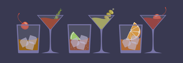 Alcoholic cocktails set: martini, old fashioned, cosmopolitan, manhattan, rum cola and negroni with ice and garnish in flat style on purple background. Vector illustration, banner - obrazy, fototapety, plakaty