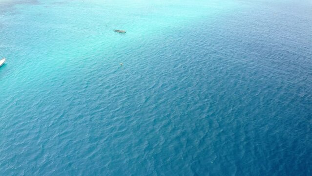 Aerial Forward Shot Of Person On Boat Floating Blue Ocean During Vacation - Suva, Fiji