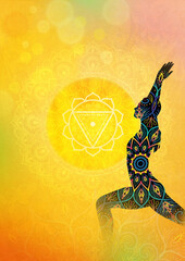 전사자세, 마니푸라, 차크라, 영웅자세, 요가, 명상, 이미지, 배경, 노랑, virabhadrasana, Manipura, Chakra, 여성