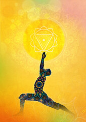 전사자세, 마니푸라, 차크라, 영웅자세, 요가, 명상, 이미지, 배경, 노랑, virabhadrasana, Manipura, Chakra, 남성