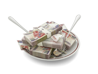 3D rendering of Egyptian pound notes on plate. Money spent on food concept. Food expenses, expensive meal, spending money concept. eating money, misuse of money - obrazy, fototapety, plakaty