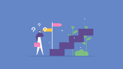 guide, help, or hint for success. business people are confused to choose the right ladder. the road to success. endeavors, inquiries, and journeys. flat cartoon illustration. vector concept design