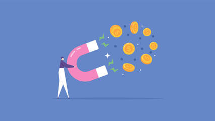 digital marketing and promotion. attract the attention of followers, audience, customers, clients to get a lot of money and profit. an entrepreneur or influencer uses a magnet to attract coins.