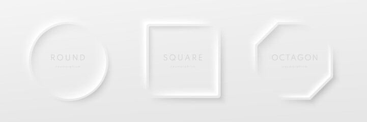 Set of realistic 3d geometric octagon, circle and square frame on white background in neumorphism style. Collection of Minimal frames isolated vector background with copy space. Top view design. - obrazy, fototapety, plakaty