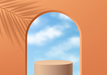 Realistic 3D orange cylinder stand podium with blue sky in arch shape, Leaf shadow background. Vector abstract with geometric forms design. Minimal wall scene for products display. Stage for showcase.