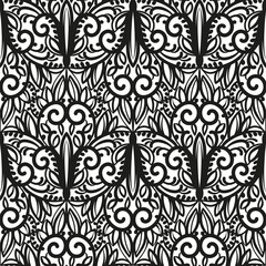 Background, seamless texture. Classic symmetrical floral ornament. Black curls and patterns on a white background. Seamless textured silhouette for the mask.