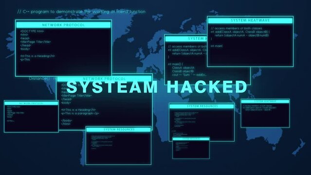 Cyber Attack system Hacking with the virus on a computer screen, background world Animation 4k footage.