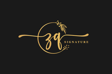 luxury gold signature initial Z Q logo design isolated leaf and flower