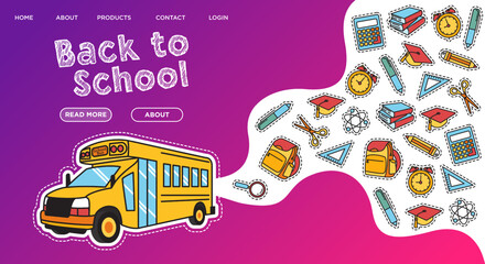 School bus, back to school concept illustration with icons of supplies and books. Vector background design, Web Page.