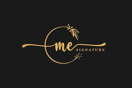luxury gold signature initial M E logo design isolated leaf and flower