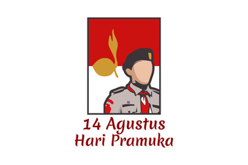 Translate: August 14, Happy Pramuka Day. Pramuka ( Indonesian national scouting movement) day vector illustration. 