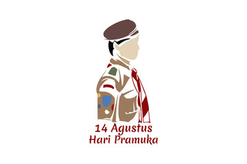 Translate: August 14, Happy Pramuka Day. Pramuka ( Indonesian national scouting movement) day vector illustration. 