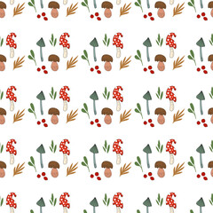 Seamless pattern with wild flowers. Flat illustration. Mushrooms, berries, leaves, flowers. Vector. Pattern with plants.
