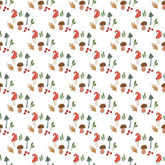 Seamless pattern with wild flowers. Flat illustration. Mushrooms, berries, leaves, flowers. Vector. Pattern with plants.