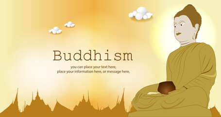 Buddha meditating vector illustration - Magha Puja, Asanha Puja, Vesak Puja Day, Buddhist holiday concept. Thailand culture and landmarks with copy space