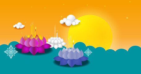 Loy Krathong Festival vector - Water and Krathong of the moon background - Thai traditional
