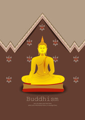 Buddha statue meditating on a Thai pattern vector illustration background - Magha Puja, Asanha Puja, Vesak Puja Day, Buddhist holiday concept. Thailand culture