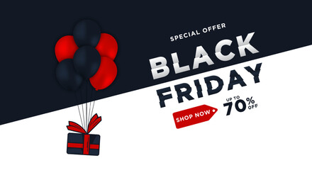 Black Friday sale web banner template. Dark and light background with red and black balloons for seasonal discount offers 70%.