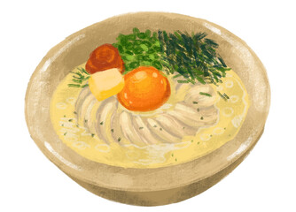 butter cream udon noodle soup egg yolk Japanese food illustration  hand drawing art