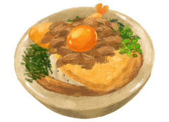 Inari shrimp tempura beef egg udon noodle soup Japanese food illustration  hand drawing art