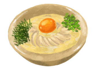 Japanese food udon noodle soup egg yolk illustration hand painting