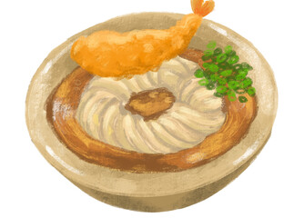 Japanese udon noodle shrimp tempura with seaweed and scallion illustration hand painting