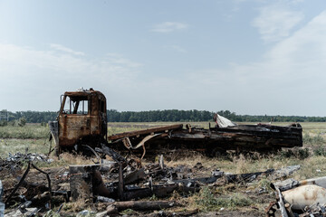 Fototapeta na wymiar 15.07.2022,Bucha Burnt truck. War between Russia and Ukraine, Kyiv region