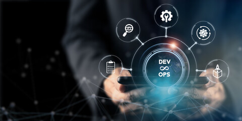 DevOps model. Solution for increasing organization's ability to deliver applications and services at high velocity. Combines software development (DEV) and IT operations. Coexist with agile software. - obrazy, fototapety, plakaty