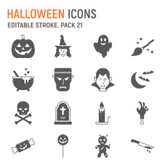 Fototapeta premium Halloween glyph icon set, spooky collection, vector graphics, logo illustrations, Halloween vector icons, horror signs, solid pictograms, editable stroke