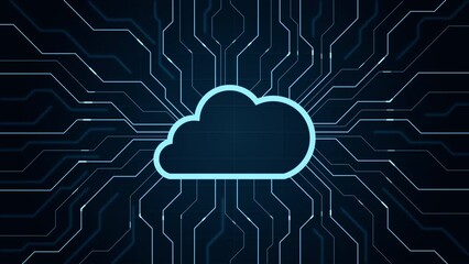 Cloud computing and Big data concept.Data protection system for cybersecurity. On the right, three big clouds stick out.