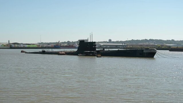 A Russian cold war submarine moored at Strood on the River Medway in kent. 