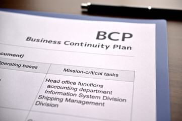 There is dummy documents that created for the photo shoot on the desk about Business Continuity Plan.