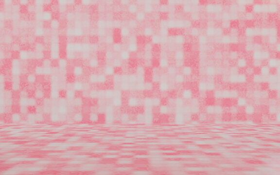 Pink tile wall and floor texture background. Colored mosaic. Simple design with vintage style and blur effect. Empty space for your design. 3d rendering illustration.